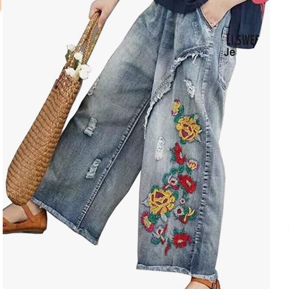 Embroidered Wide-Leg Cropped Denim Jeans - Gray